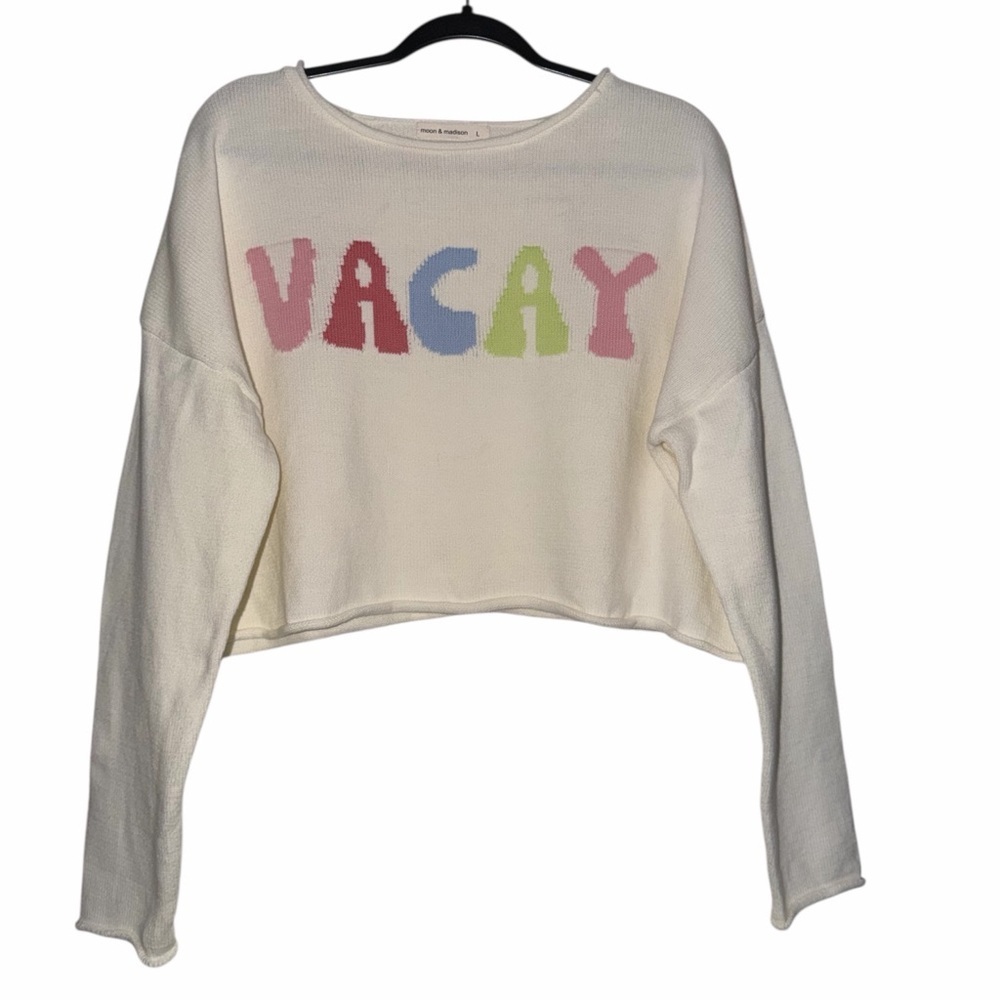 Women's White 'VACAY' Rolled Neck & Hem Sweater Size Large